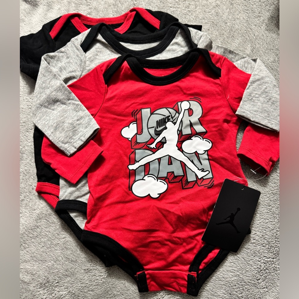 Infant Baby 3 pc Jordan Nike Bodysuits - Red Black Gray